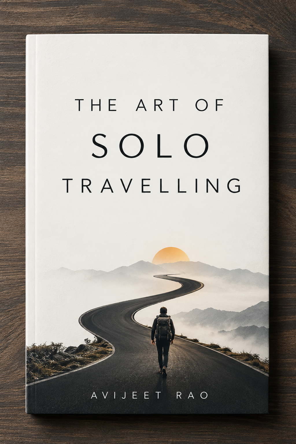 Cover of The Art of Solo Travelling by Avijeet Rao: a backpacker walking along a winding mountain road towards a rising sun
